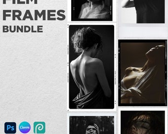 May include: A set of 100 black and white film frame overlays for use in photo editing software. The frames are designed to give photos a vintage, film-like look.  The frames are compatible with Photoshop, Canva, and other popular photo editing programs.