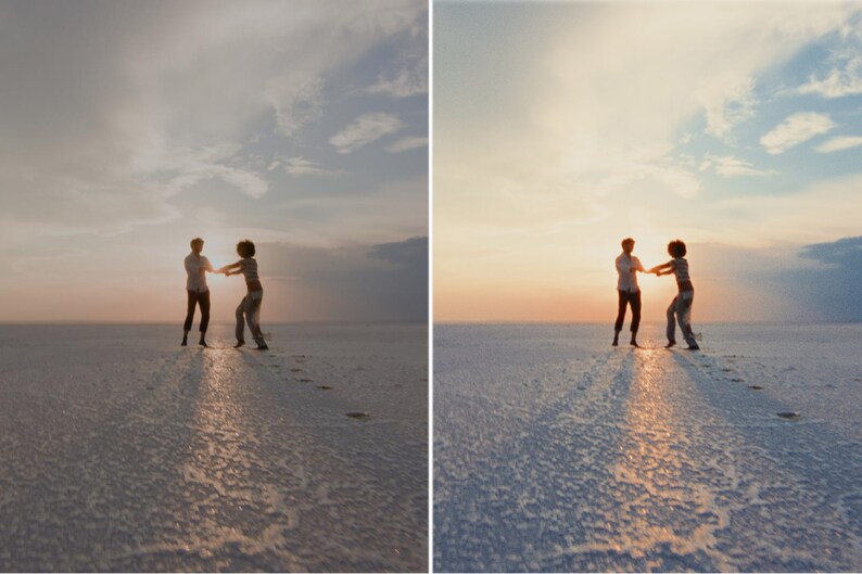 May include: Two people silhouetted against a sunset, holding hands and spinning on a white, sandy beach.