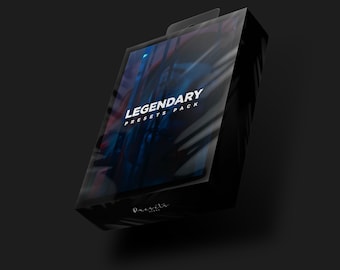 Puede incluir: Una caja negra con una cubierta de plástico transparente, que muestra el texto "LEGENDARY PRESETS PACK" en blanco. La caja tiene un diseño abstracto azul y rojo en la parte delantera.