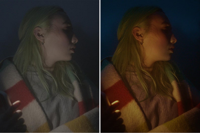 May include: A person with green hair is wrapped in a colourful striped blanket. The person is looking to the right and has a serious expression on their face.