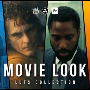 May include: A collage of four movie scenes with the text "MOVIE LOOK LUTs COLLECTION" at the bottom. The scenes feature a dark figure in a cityscape, a man with a beard, a man with a yellow jacket, and a figure walking in a desert.