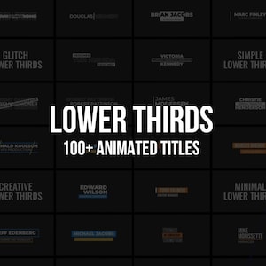 Puede incluir: Un diseño gráfico en blanco y negro con el texto "LOWER THIRDS" en letras blancas grandes. Debajo del texto, "100+ ANIMATED TITLES" en letras blancas más pequeñas. El gráfico está dividido en una cuadrícula de 12 cuadrados, cada uno con un diseño de tercio inferior diferente con texto en blanco.