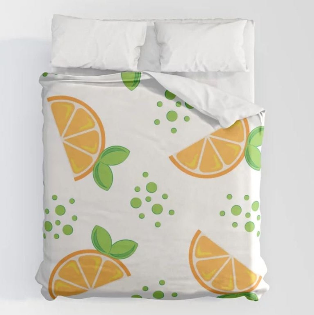 Lemons Watercolor Print on Duvet Cover, Lemon Bedding, Exotic Bedding in Green, Yellow, Beige