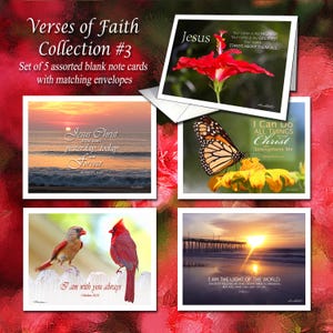 May include: A set of five blank note cards with matching envelopes titled Verses of Faith Collection #3. The cards feature nature photography including a red hibiscus, a monarch butterfly, cardinals, and ocean sunsets with religious text overlays.
