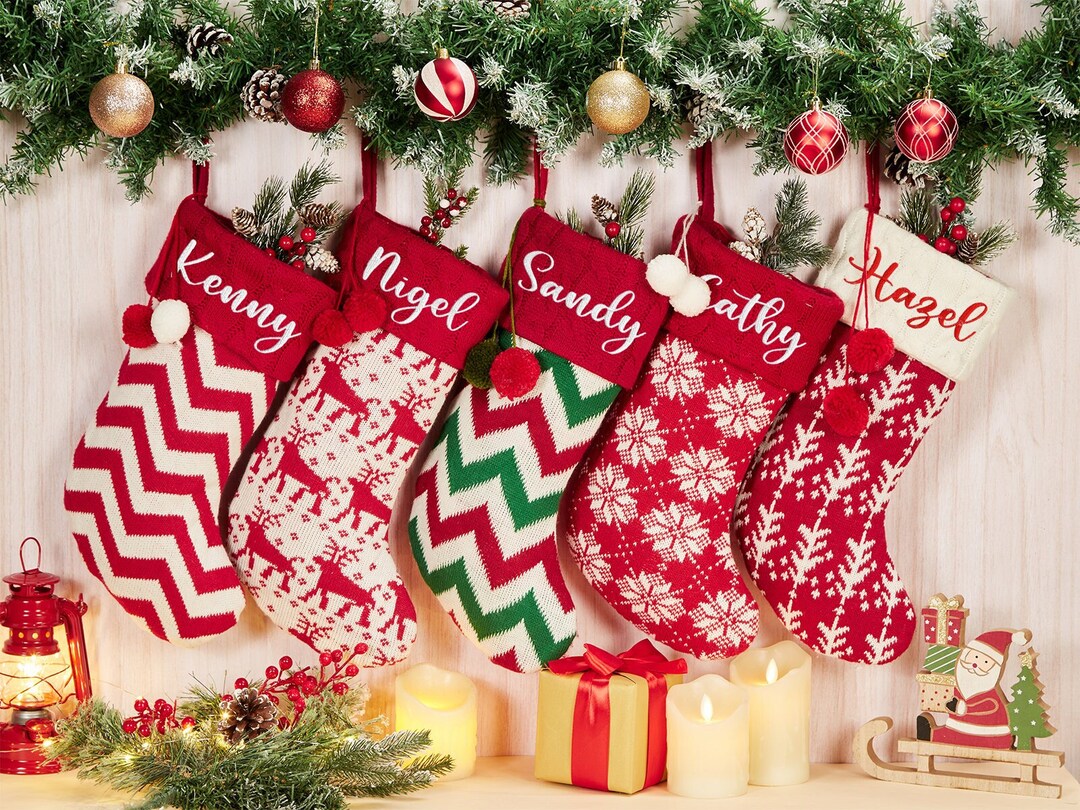 Personalized Knitted Christmas Stockings Embroidered Christmas Etsy