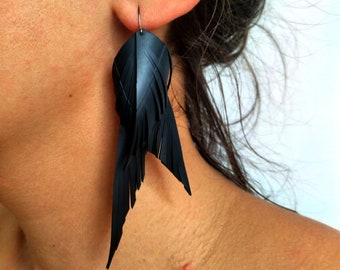 Boho feather vegan leather statement earrings, upcycled bike inner tube, recycled jewelry, eco friendly gift for her, sustainable jewellery