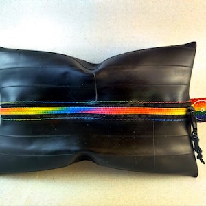 Colorful upcycled pouch with rainbow zipper, from recycled inner tube, pencil case, cosmetic pouch, travel essentials, gift idea