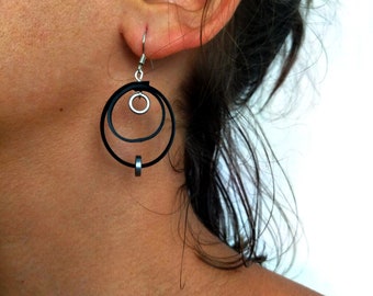 Edgy circle statement earrings, upcycled bike inner tube recycled jewelry, eco friendly gift for her, sustainable modern jewelry