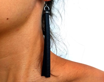 Long chic minimalist earrings, modern vegan leather statement earring, upcycled bike inner tube recycled jewelry, eco friendly gift for her