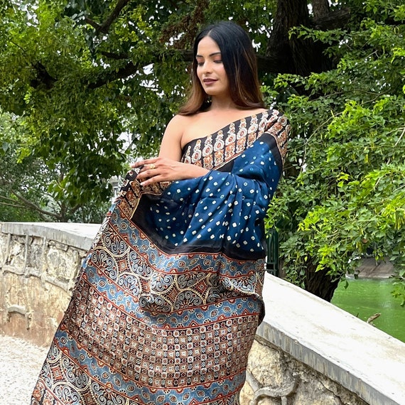Blue Bandhej Ajrakh Modal Silk Saree Authentic Ajrakh Hand - Etsy