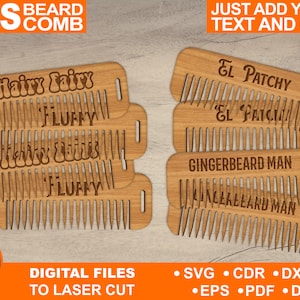 May include: Wooden beard combs with engraved text, including "Hairy Fairy," "El Patchy," and "Gingerbeard Man." The combs are displayed in a group, with the words "MENS BEARD COMB" at the top. The phrase "JUST ADD YOUR TEXT AND CUT" is also visible.