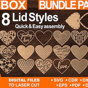 Può includere: Immagine che mostra 18 stili di coperchi a forma di cuore con disegni floreali, geometrici e testuali. Il testo include "Heart Shaped Box Bundle Pack" e "Digital Files to Laser Cut".