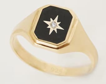 Diamond North Star Signet Ring | Minimalist Ring | Tiny Diamond Signet Ring   | Black Enamel Ring | Celestial Ring - 925 Sterling Silver