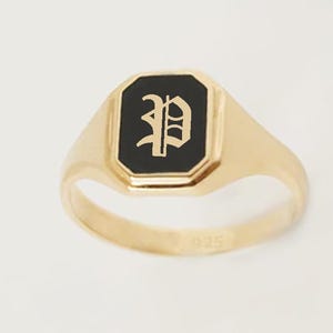 Initial Letter Black Enamel Signet Ring, Monogram Signet Ring, Gift for Him, Custom Initial Ring, Gift for Her, Valentine's Day Gift