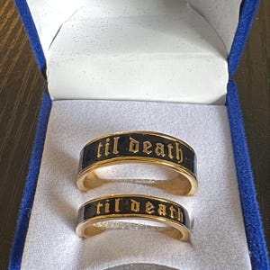 6mm & 4mm Wide Til Death Black Enamel Band Ring | Promise Ring | Stacking Band | Pair Set of Til Death Ring for Mens and Women - 925 Silver