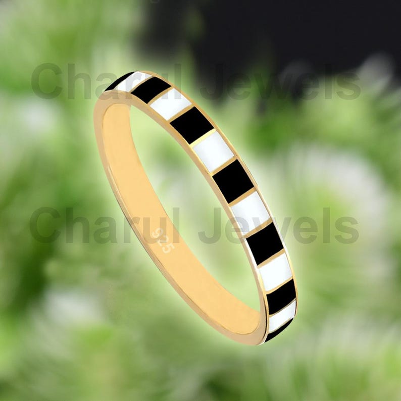 4mm Wide Checkerboard Ring, Black & White Enamel Band Ring, Chess Ring ...