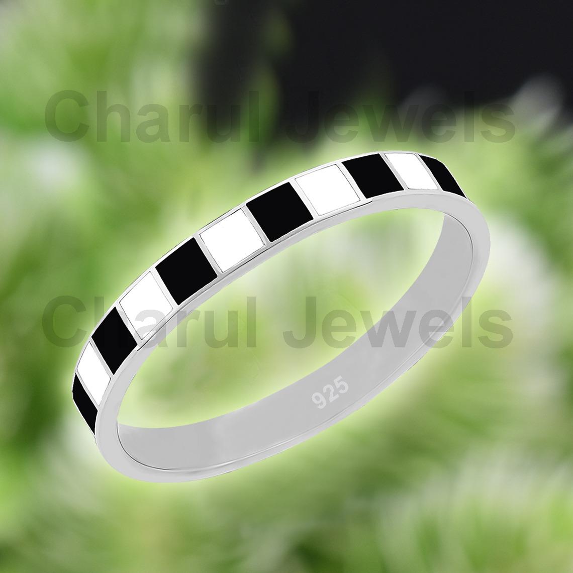 4mm Wide Checkerboard Ring, Black & White Enamel Band Ring, Chess Ring ...