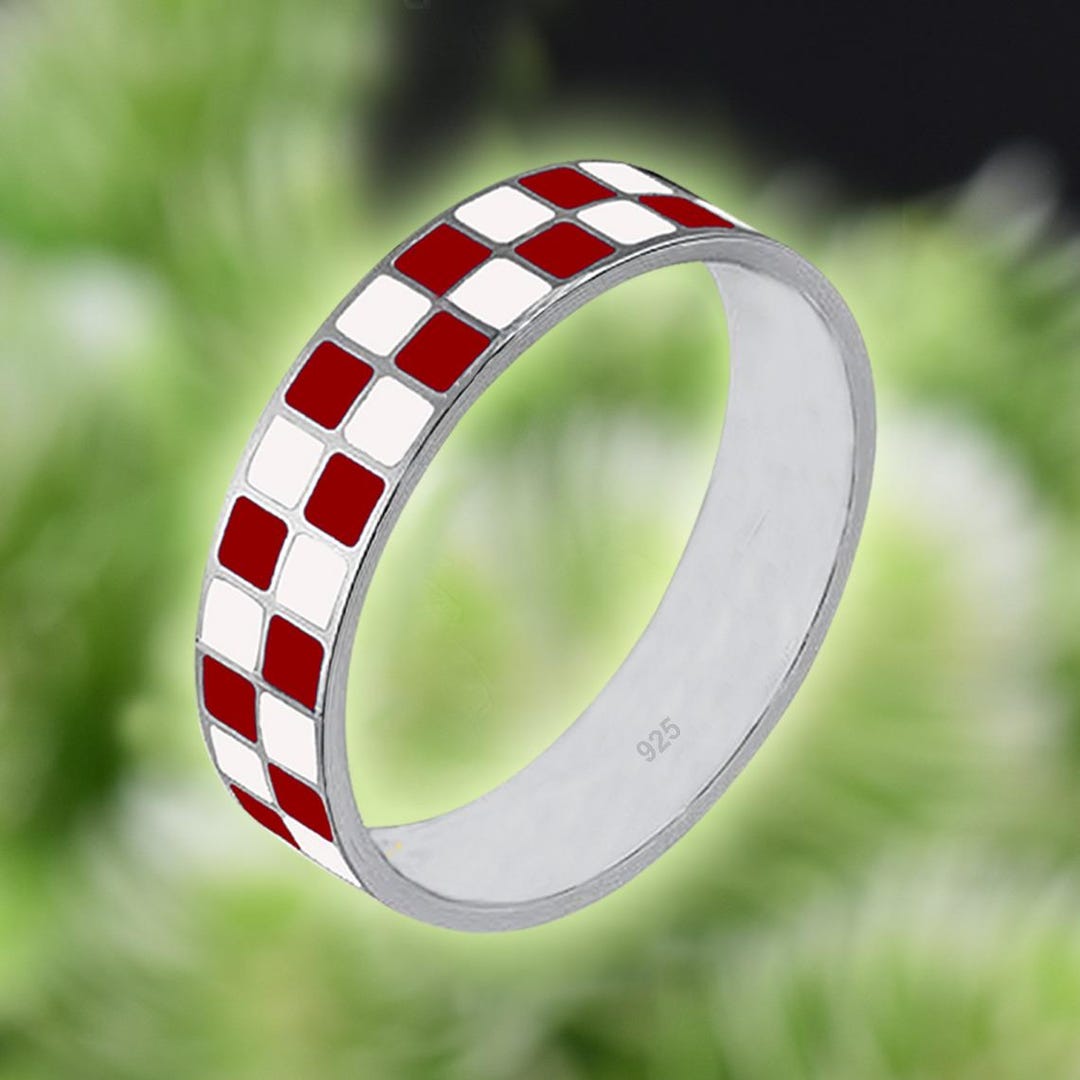 6mm Wide Checkerboard Ring, Red & White Enamel Band Ring, Chess Ring ...