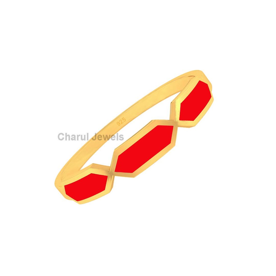 Ring Shape Red Hexagon Shaped Red Enamel Band Ring | Abstract Shaped Enamel Ring ...