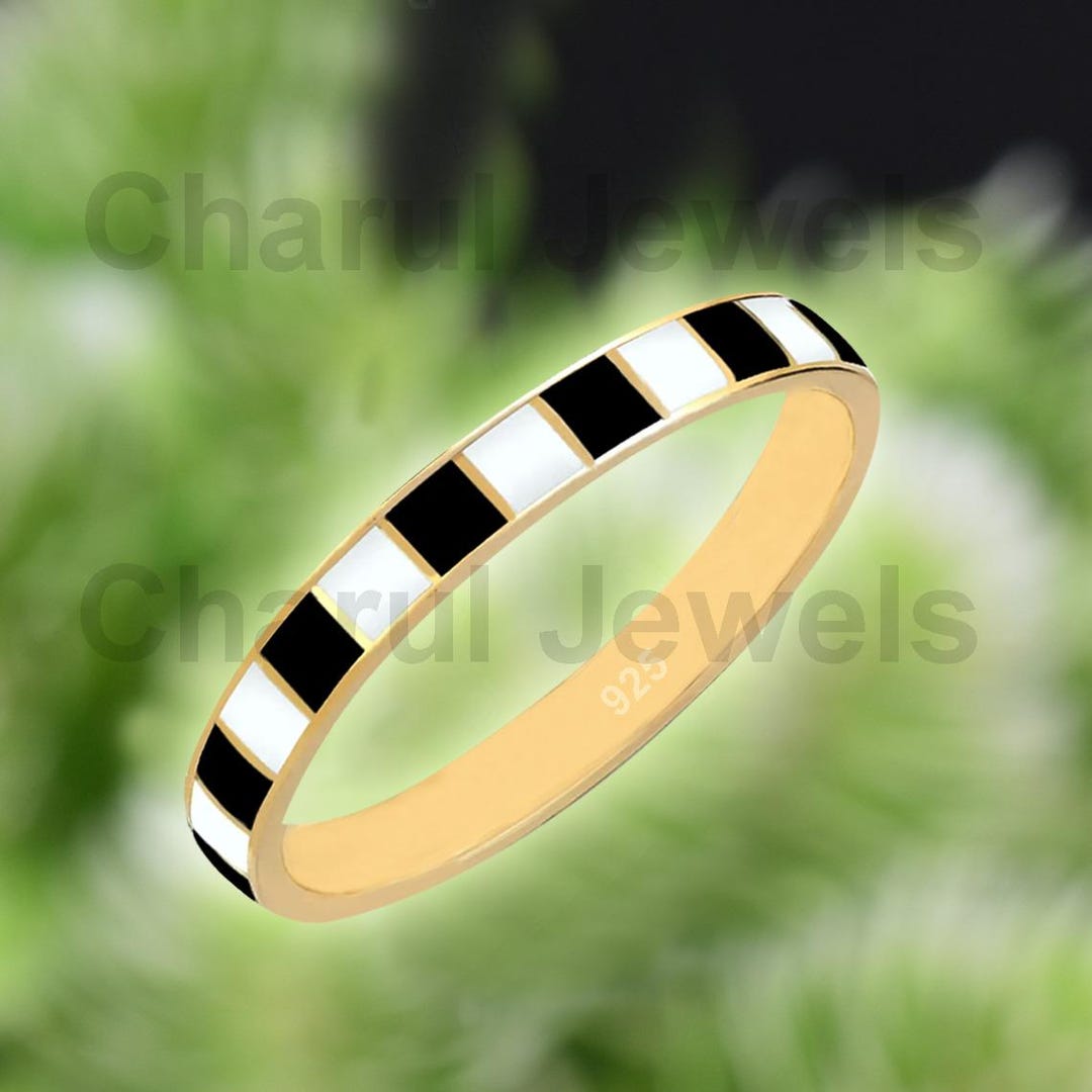 4mm Wide Checkerboard Ring, Black & White Enamel Band Ring, Chess Ring ...