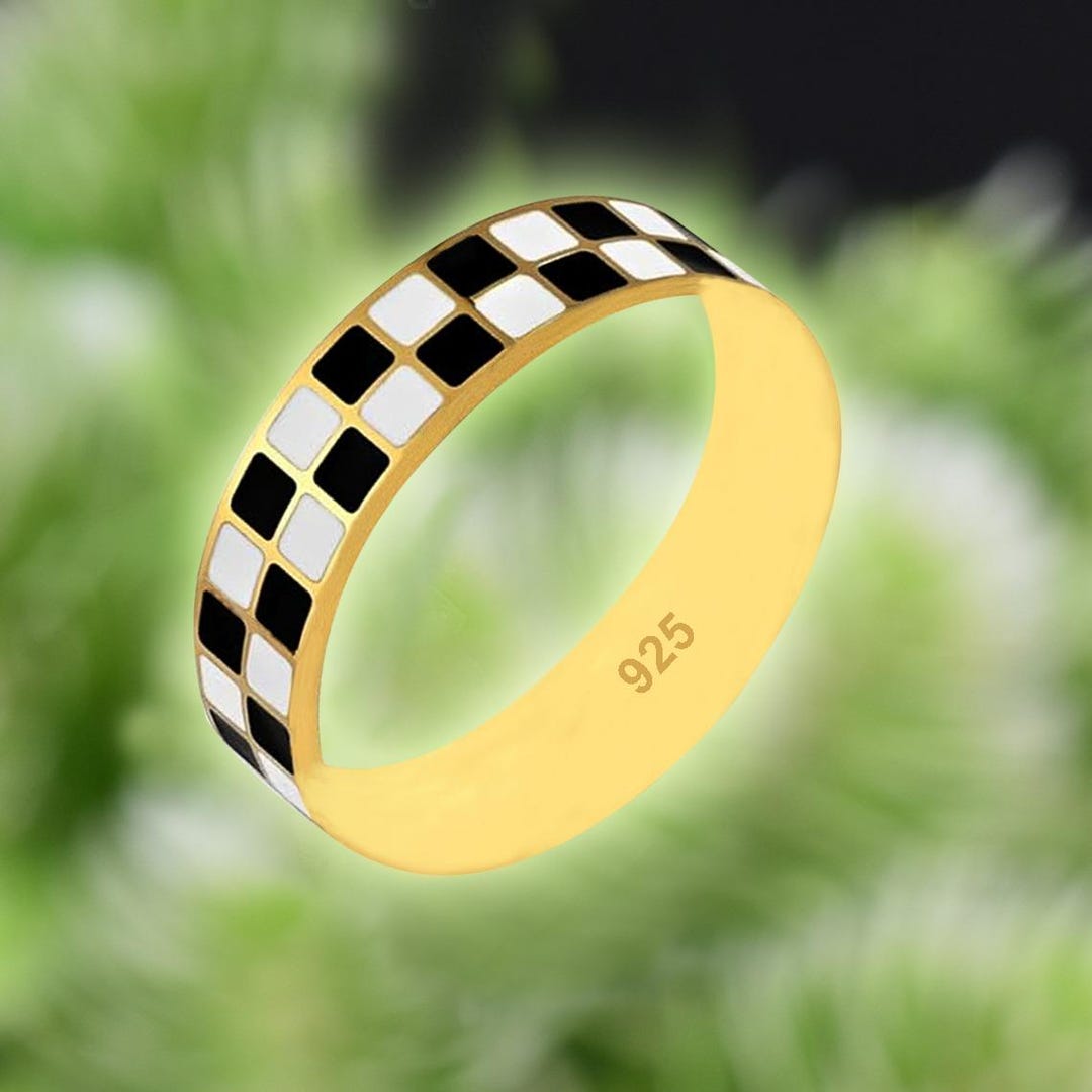 6mm Wide Checkerboard Ring, Black & White Enamel Band Ring, Chess Ring ...