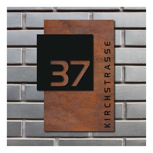 XXL 3D house number in RUST look and matt satin black acrylic glass in 8 fonts including mounting material, weatherproof