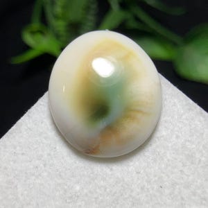 May include: A polished, oval-shaped gemstone with a creamy white base, featuring swirls of green, yellow, and brown. The stone has a glossy finish and is set against a white surface. The gemstone is a natural, organic material.
