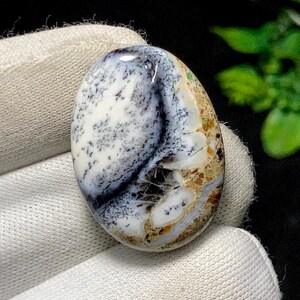 May include: An oval gemstone displaying a complex pattern. The stone combines white, grey, and brown tones, with detailed veining and speckled features. The polished surface reflects light, accentuating the natural variations.