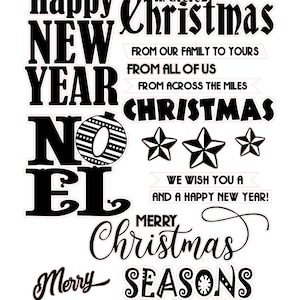 Może przedstawiać: Czarno-biały tekst świąteczny i noworoczny z napisami "jingle all the way", "Happy Christmas", "New Year", "Noel", "Christmas", "We wish you a and a Happy New Year", "Merry Christmas", "Merry Seasons Greetings".