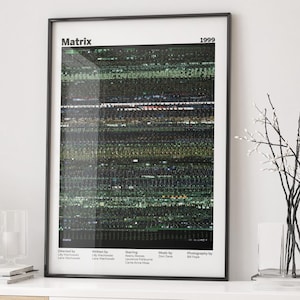 Puede incluir: Un póster enmarcado con el título "Matrix" y el año "1999" se exhibe en un mueble blanco. El póster presenta un diseño abstracto verde y negro. Una lámpara moderna, jarrones de cristal y libros también están en el mueble.