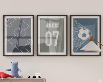 Personalized Soccer Prints, Set of 3 Custom Name Wall Prints, Soccer wall art. Nursery decor, sport print boy room - Digital download.