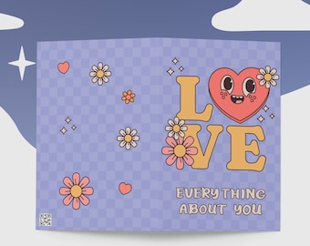 Valentine's Day greeting card, Love everything about you. Retro Heart Character. Valentine's Day Gift, Gift Card, Free Shipping.
