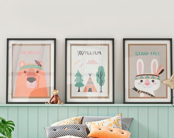 Conjunto de 3 impresiones personalizado, arte de pared de animales, Nombre personalizado, Decoración de niños de guardería, Descarga digital