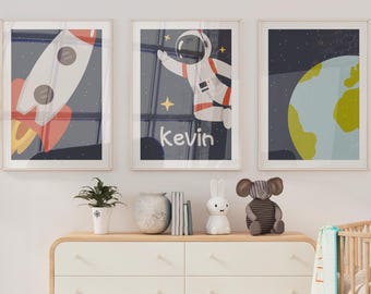 Personalized Space Nursery Wall Art Set of 3, Name Custom Prints, Rocket Astronaut Planet Posters, Kids Room Decor, DIGITAL