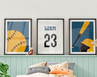 Custom Baseball Wall Art Set of 3 Prints for Boys – Name & Number – Digital Sports Nursery Decor for Kids Room - DIGITAL DOWNLOAD