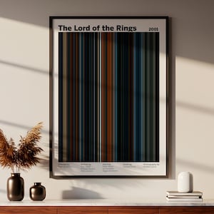 Op de afbeelding: Een ingelijste poster met de tekst "The Lord of the Rings 2001" toont verticale strepen in tinten bruin, blauw en grijs. De poster hangt boven een houten kast met een wit marmeren blad, versierd met vazen en boeken.