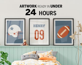 Personalized Football Wall Art, Set of 3 Custom Name Wall Prints, Boy's Room Decor. Nursery decor, sport print boy room - Digital download.