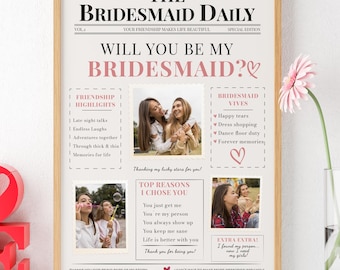 Will You Be My Bridesmaid? Personalized Proposal Newspaper with 3 Photos
