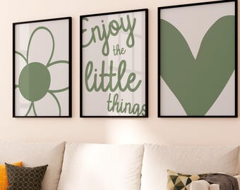 Set of 3 Minimalist Prints | Sage Green Wall Art with Flower, Heart and Quote | Modern Scandinavian Decor for Living Room or Nursery