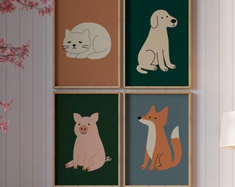Set of 4 Nordic Animal Prints | Digital Download | Cat, Dog, Fox, Pig | Minimal Wall Art for Kids Room or Nursery Decor