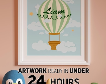 Gepersonaliseerde poster met heteluchtballon - kinderkamerdecoratie, aangepaste naam voor de babykamer, digitale download
