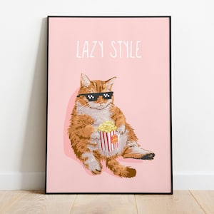 Cartel Lazy Style CAT,  Arte de pared divertido, impresión estética de gato, impresión de gato. Papel Mate, Alta Calidad