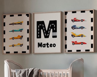 Set de 3 láminas infantiles personalizadas con nombre – Decoración coche de carreras para habitación bebé o niño - Descarga digital