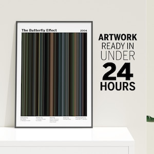 May include: A framed movie poster for The Butterfly Effect from 2004, featuring a vertical color palette of film scenes. The text reads: The Butterfly Effect, 2004, Directed by, Written by, Starring, Music by, Photography by, and ARTWORK READY IN UNDER 24 HOURS.
