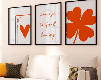 Choose to Feel Lucky - digital art set – minimalist wall prints, lucky clover & ace card poster trio, instant download décor -
