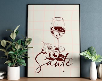 Santé, Wine Art, Poster, Printable Wall Art, Dining Room, Home Decor, Wall Decor, High Quality, No Frame