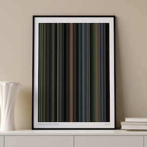 May include: A framed vertical poster featuring a colour palette of thin, vertical stripes in shades of dark brown, muted green, grey, and black. The text "The Butterfly Effect" and "2004" is printed in small black font at the bottom of the white border.