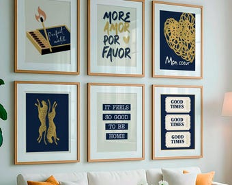 12 Navy Blue & Gold Prints, Lucky Wall Art Set, Minimalist Vintage Poster Bundle, Gallery Wall Decor, PDF Download
