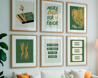 Set of 12 Olive Green & Gold Prints | Lucky Wall Art and Good Vibes Decor | Minimalist Vintage Posters | Digital Download PDF