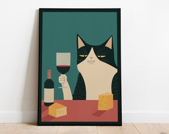 Cat Wine And Cheese Poster, Funny Art Gift, Home Decoration, Kitchen Poster, Cat and Wine Print, Unframed, High Quality